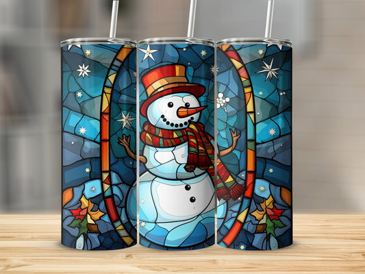 Stained glass snowman tumbler with red hat and scarf, framed by blue, yellow, and white stars.
