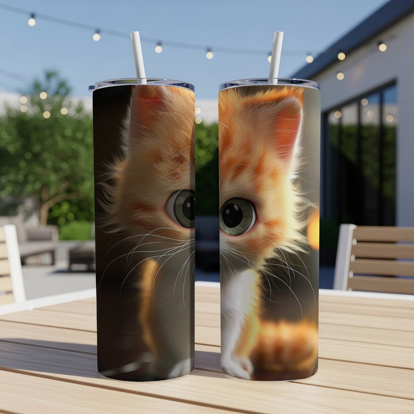 Two tumblers featuring a close-up of a wide-eyed orange kitten's face.