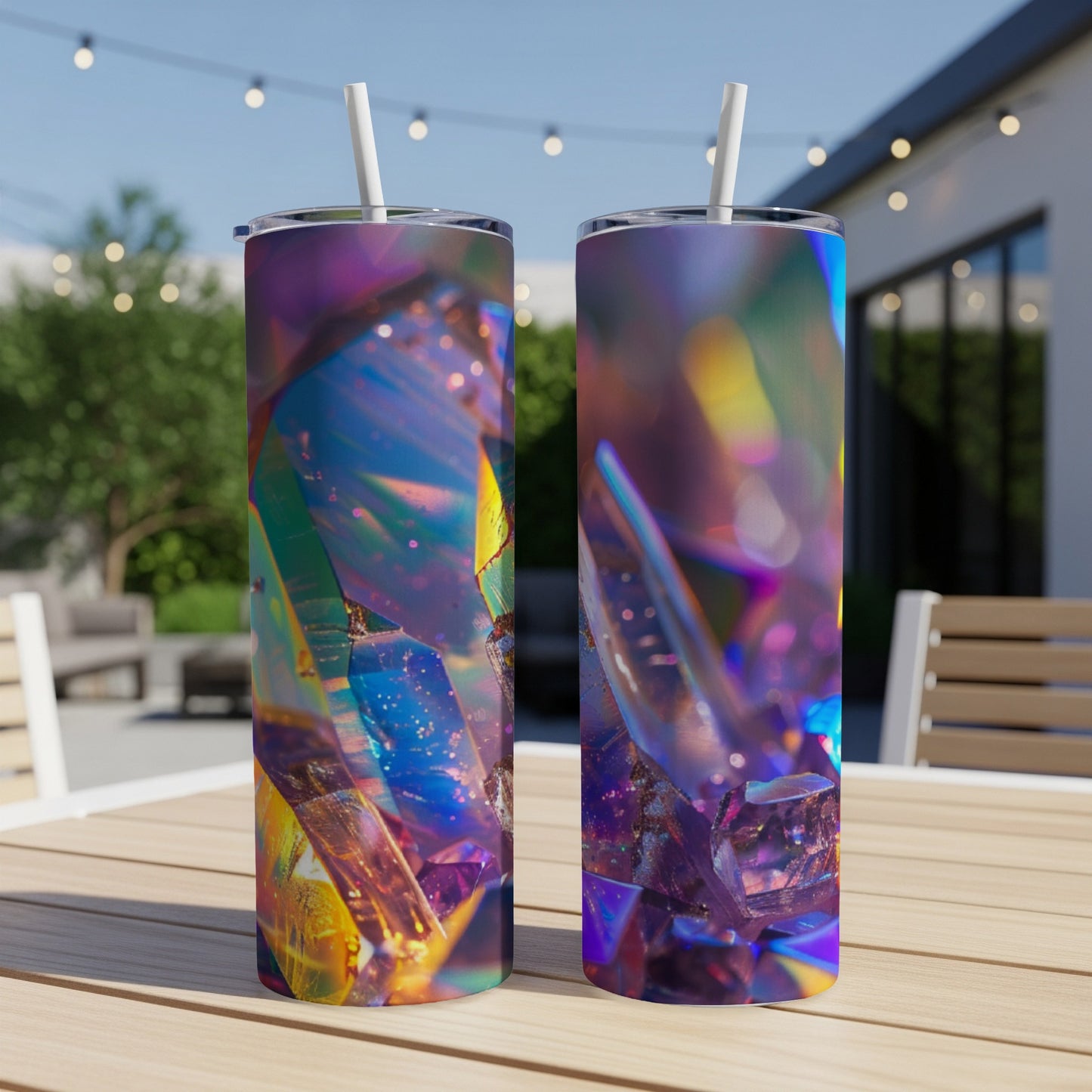 Two tumblers with iridescent crystal designs on a table.