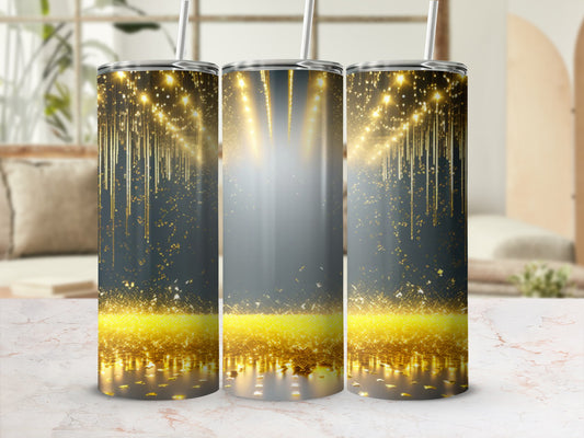 Three tumblers with a gold glitter and spotlight design.