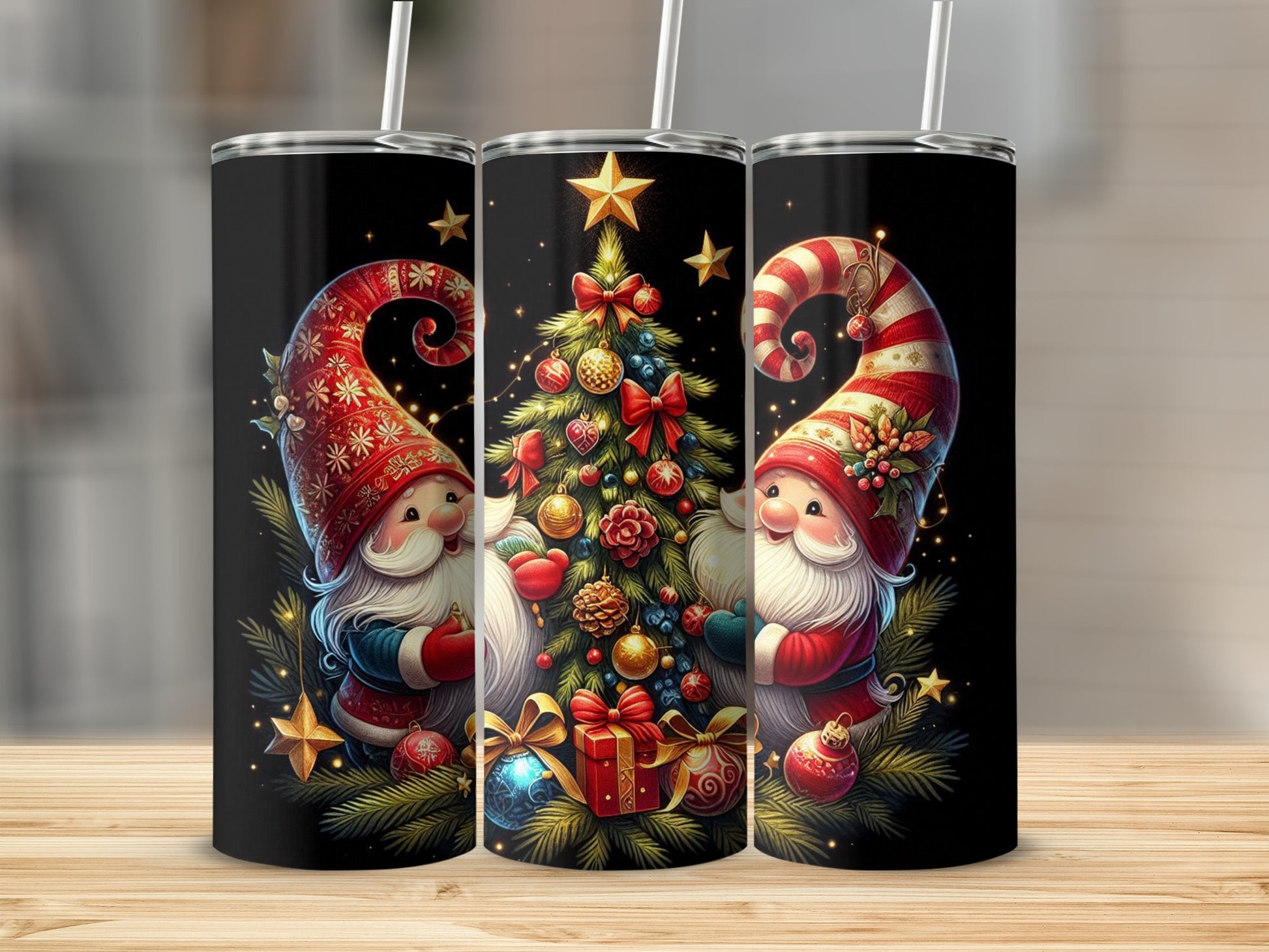 Two festive gnomes flank a decorated Christmas tree with gifts and stars.
