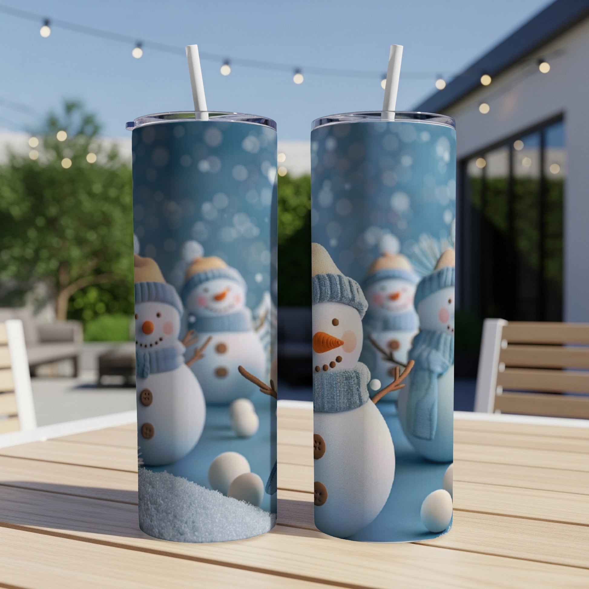 Two snowmen wearing hats and scarves stand on a table with a blurred winter background.