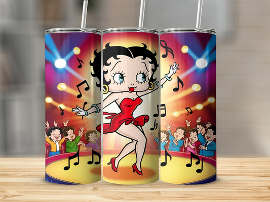 Betty Boop dancing on stage with an audience and musical notes.