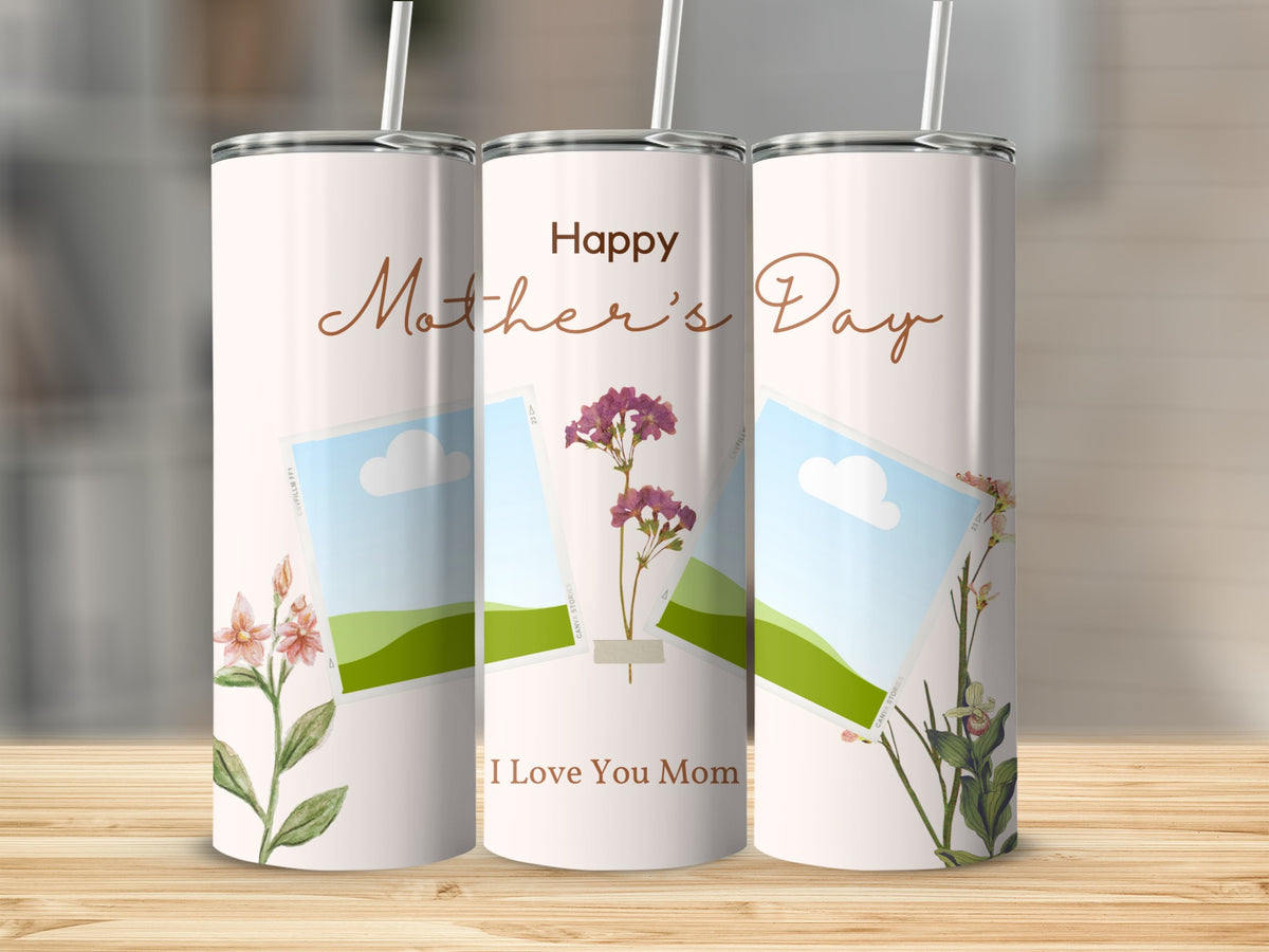 Tumblers with "Happy Mother's Day" and floral designs.