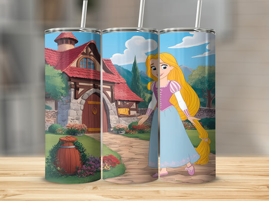 Rapunzel character with long blonde hair in front of a cottage and rolling hills.