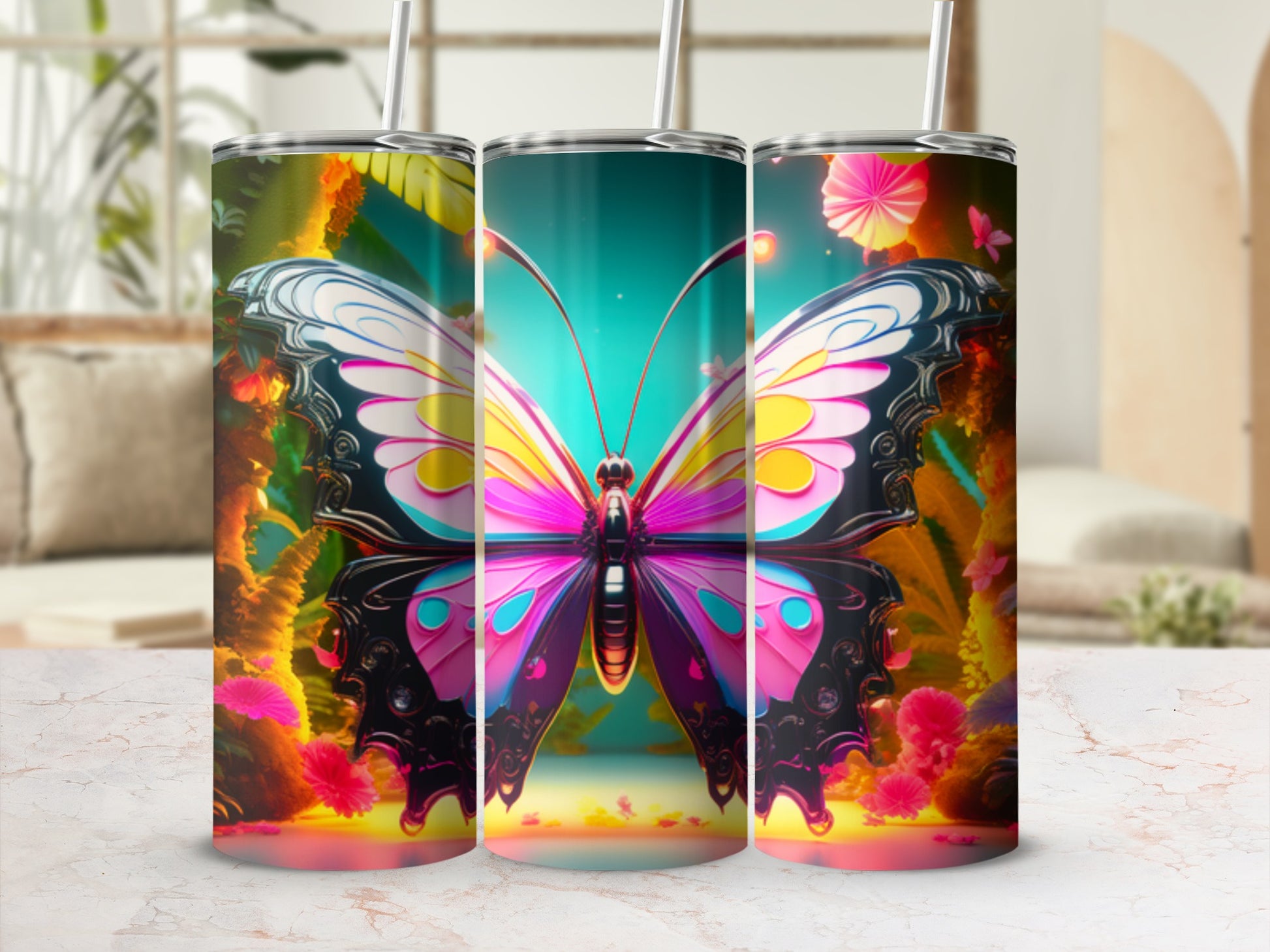 Three tumblers featuring a vibrant butterfly design on a blurred background.