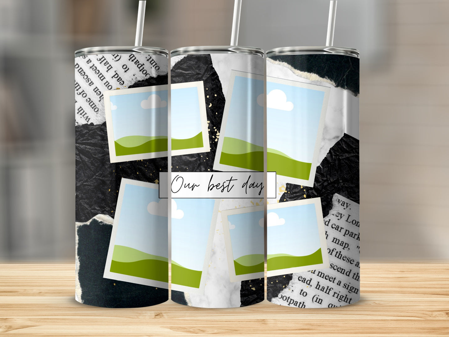 Three tumblers with "Our best day" text and torn paper, photo, and gold speckle designs.