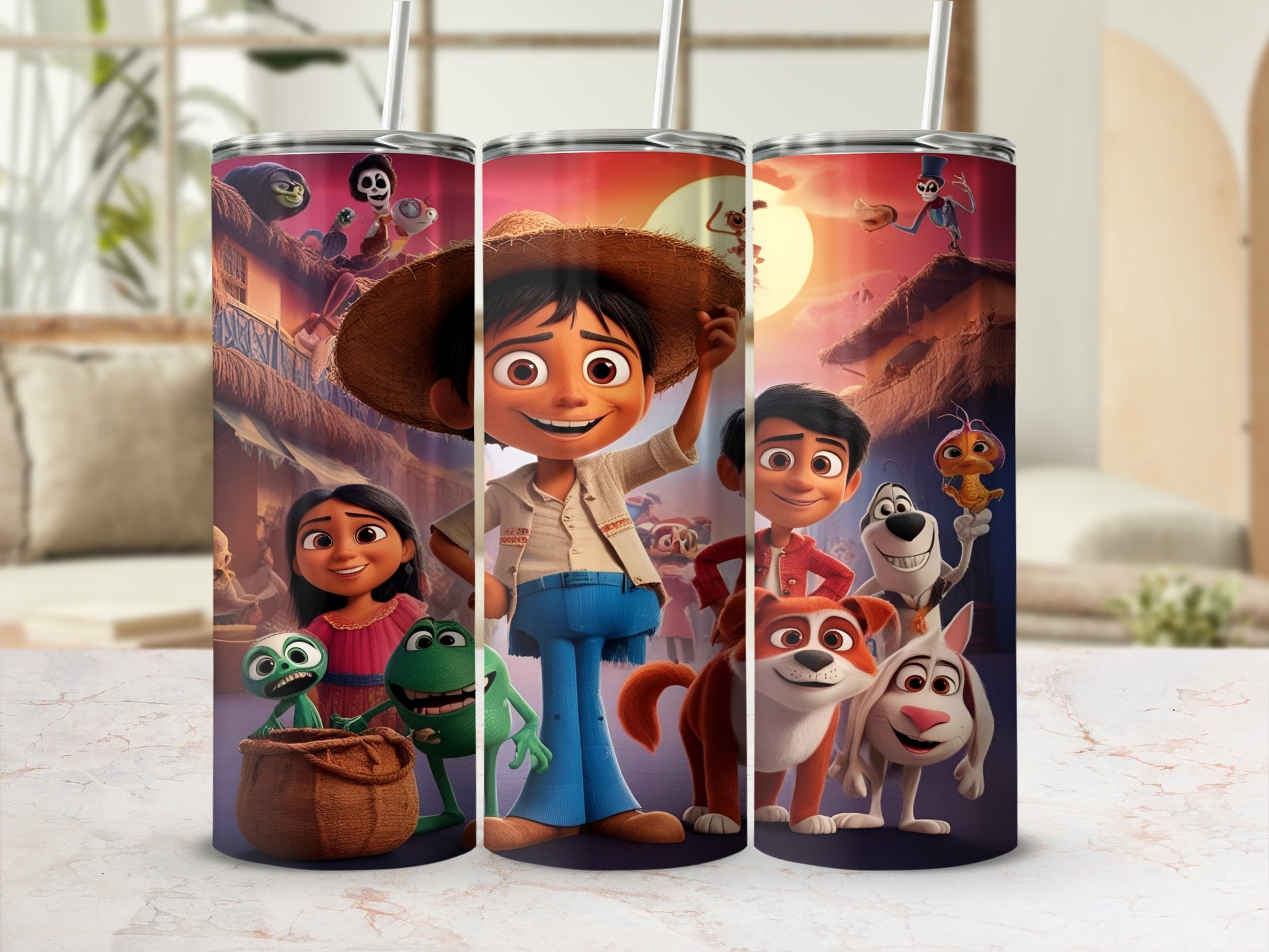 Coco movie characters Miguel, Hector, Dante, Pepita, and Alebrije on a tumbler.