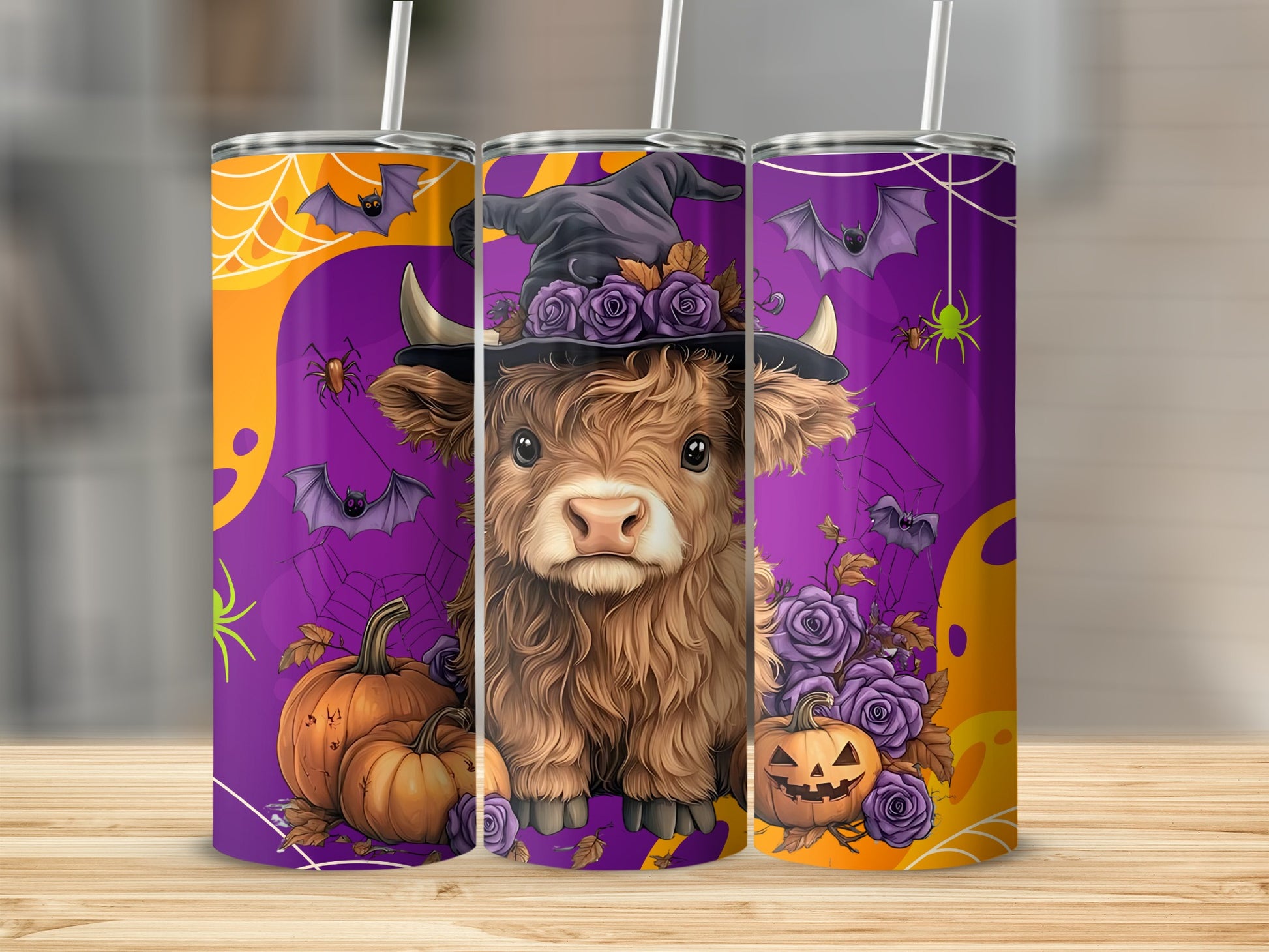 Halloween Highland Cow Pumpkin Bat PurpleTumbler Cups