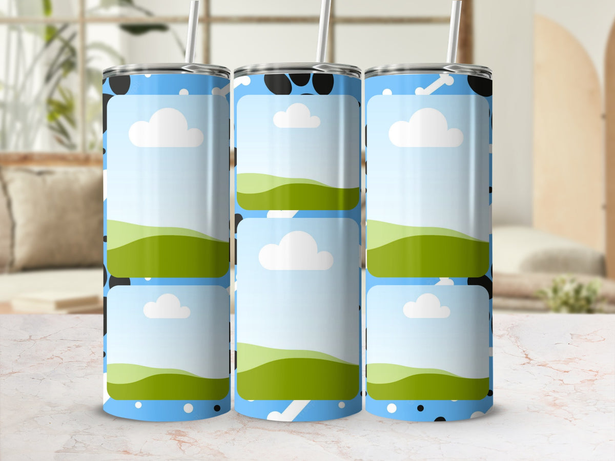 Three tumblers with a cow-print pattern and six photo frames of cartoon landscapes.