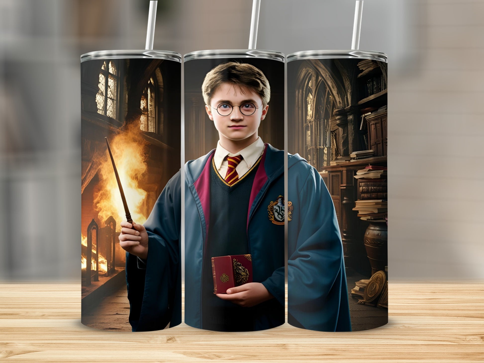 Harry Potter in Hogwarts holding a wand and book, a wizarding school background.