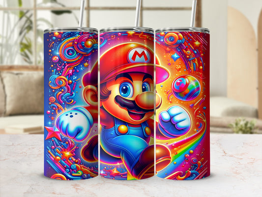 Mario in mid-run with colorful cosmic background on three tumblers.