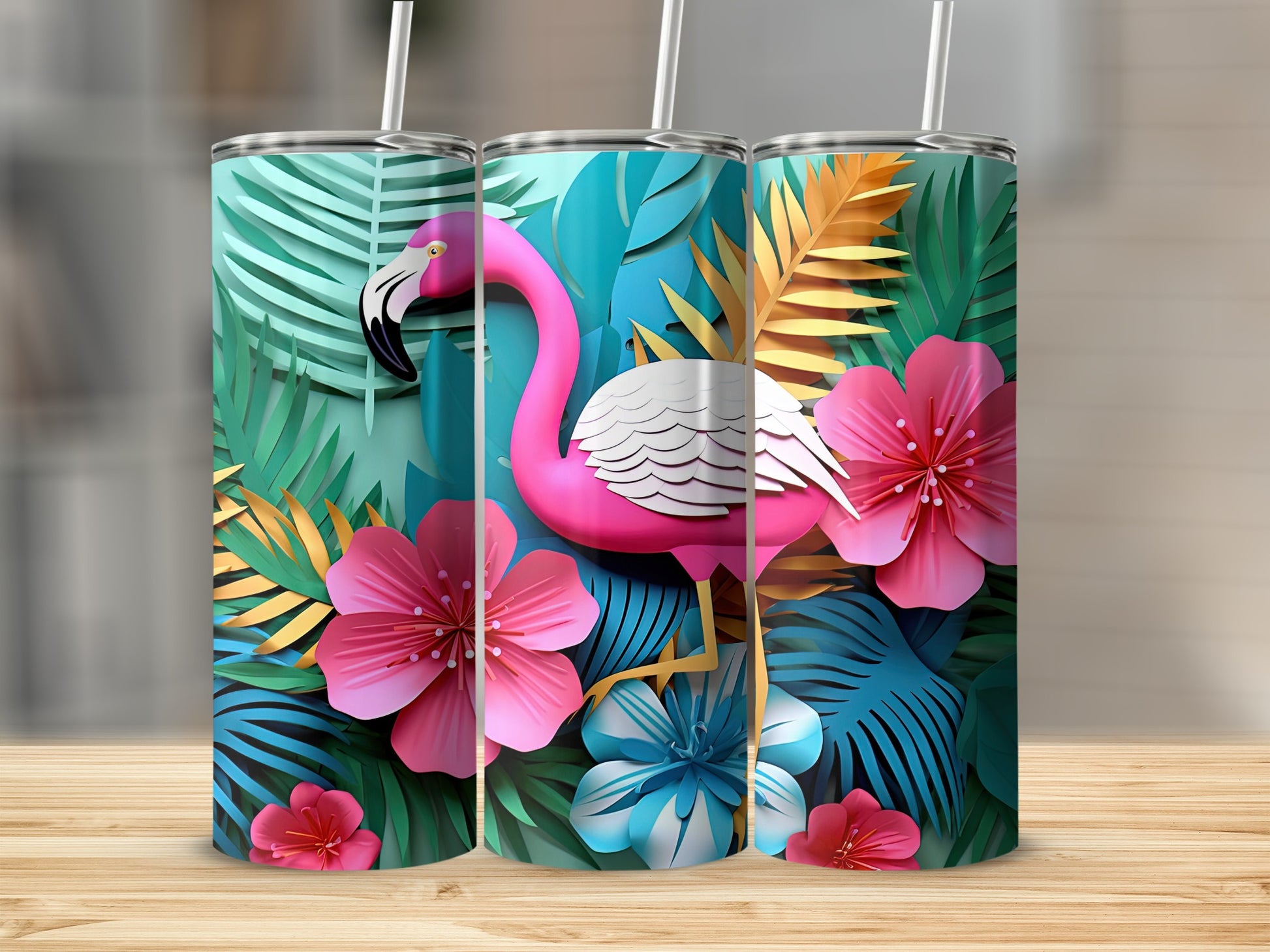Vibrant Flamingo and Tropical Flowers Tumbler Design
