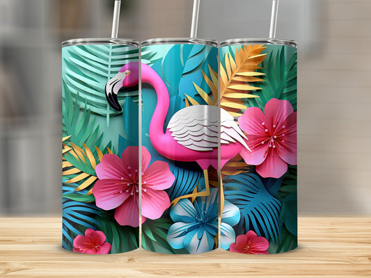 Vibrant Flamingo and Tropical Flowers Tumbler Design