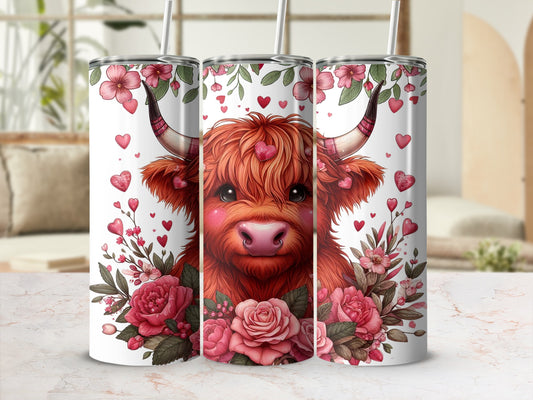Highland cow with pink flowers and hearts, Valentine's Day design.