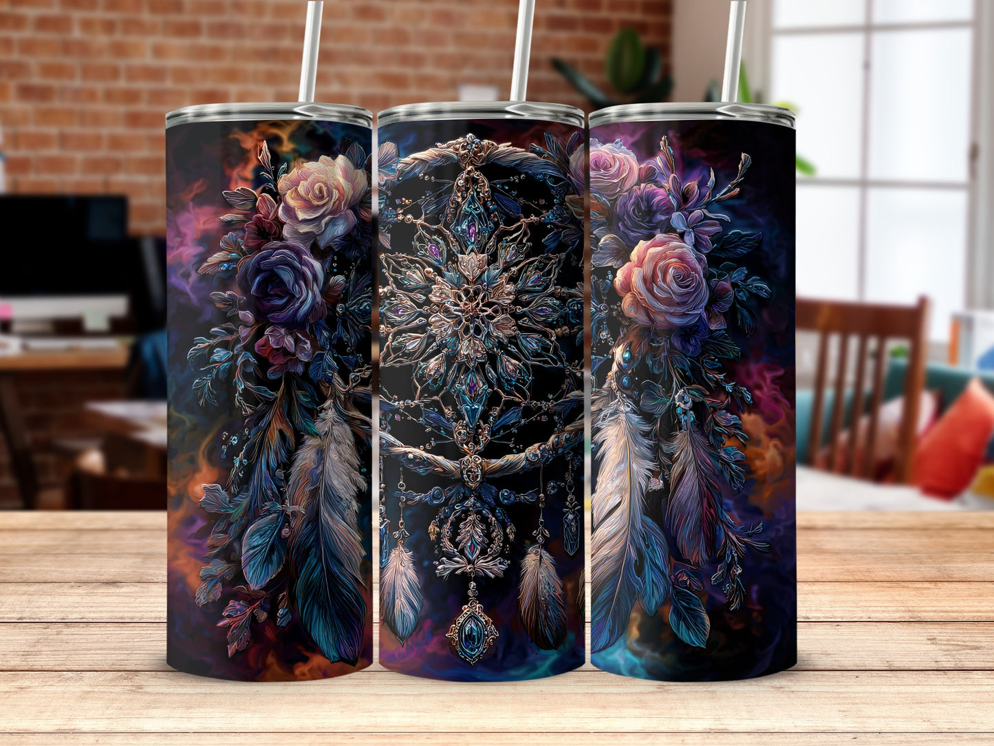Exquisite Floral and Feathers Patterned Tumbler