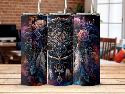 Exquisite Floral and Feathers Patterned Tumbler