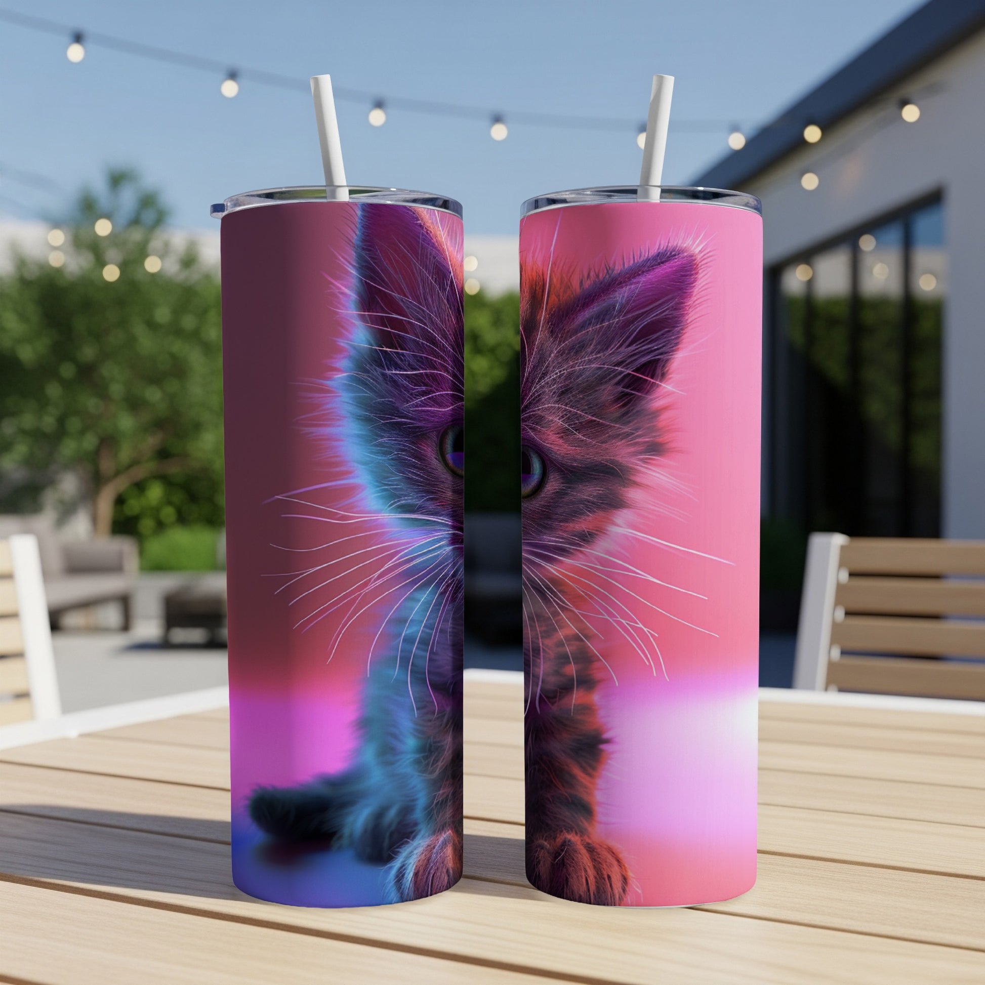Two tumblers with a detailed, neon-lit kitten portrait.