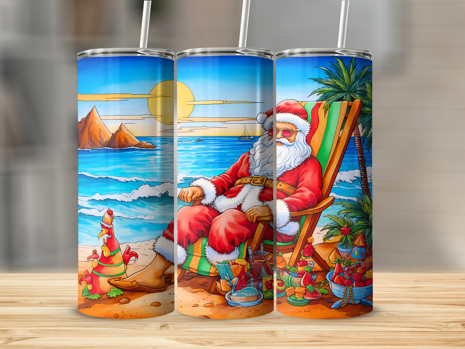 Santa at the Beach Colorful Art Stainless Steel Tumbler