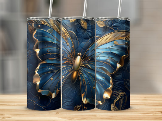 Blue butterfly with gold accents on a textured background, tumbler design.