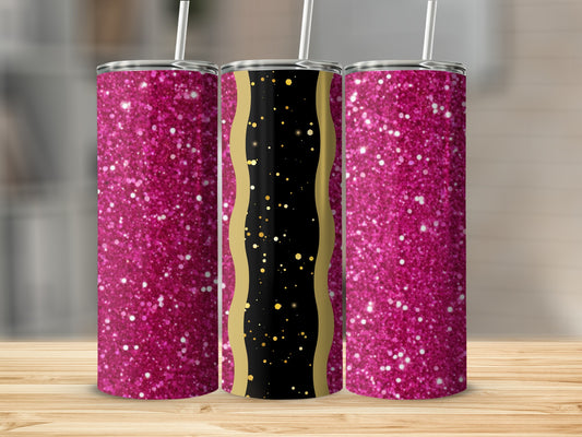 Three glittery pink tumblers with gold accents on a wooden surface.