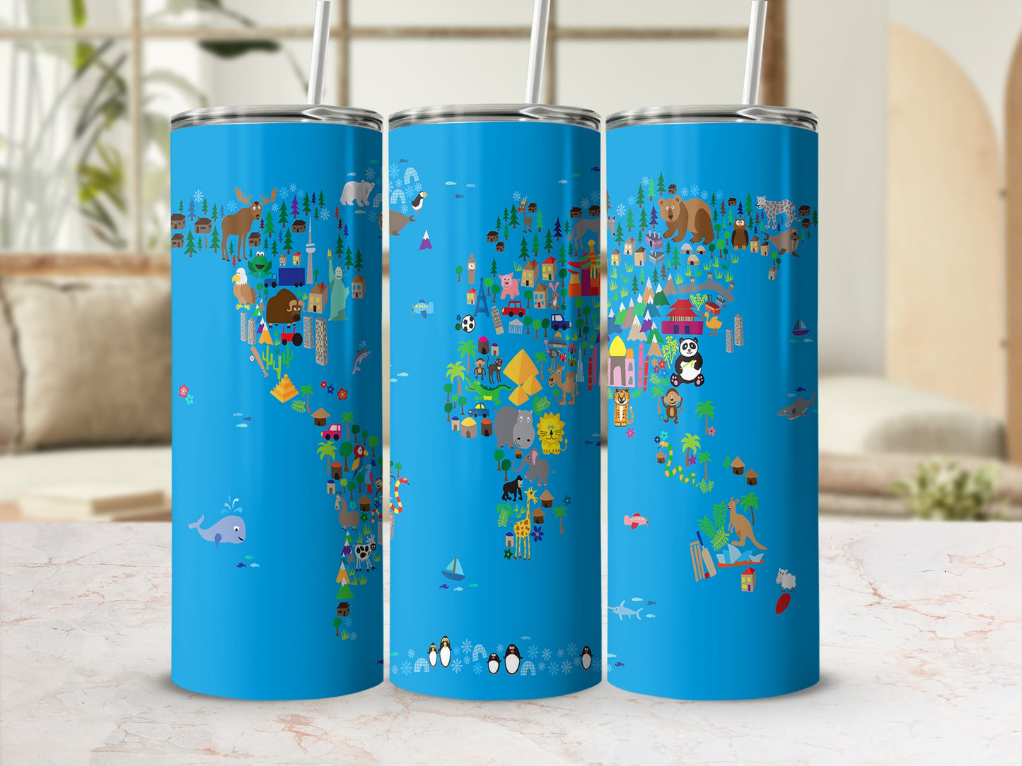Three tumblers with a blue world map design featuring animals, buildings, and plants.