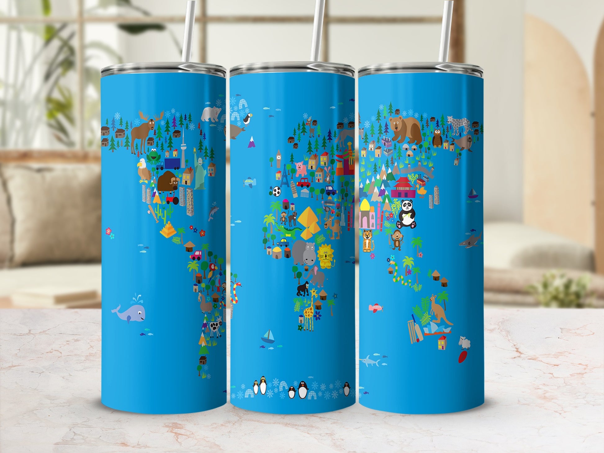 Three tumblers with a blue world map design featuring animals, buildings, and plants.