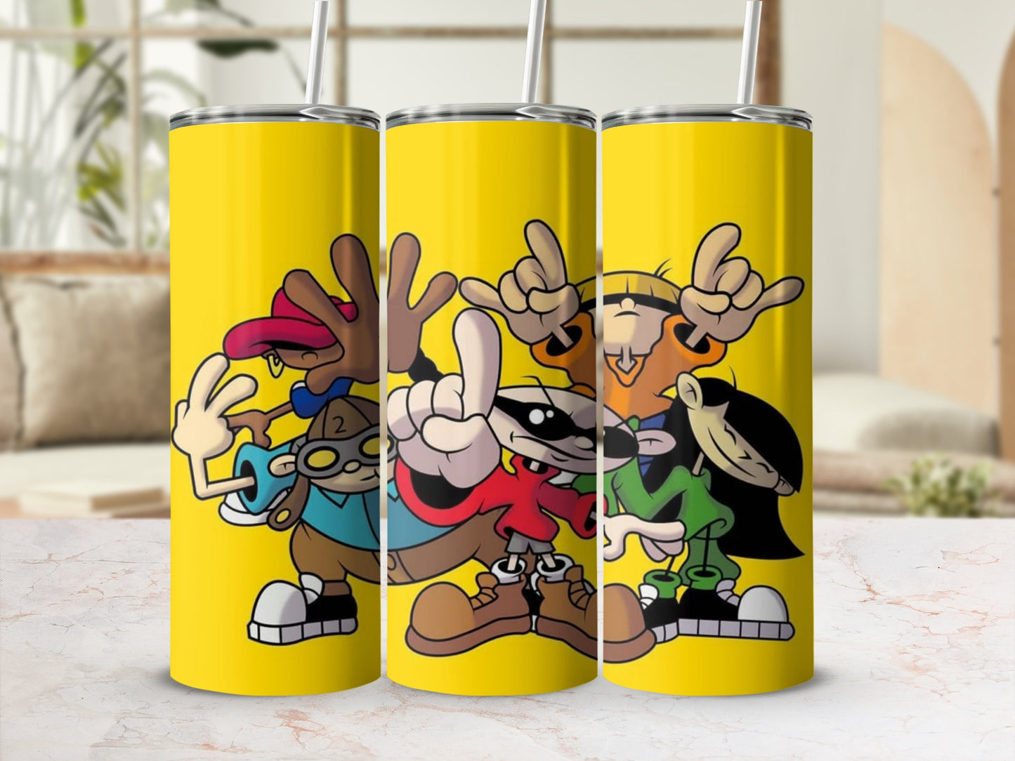 Cartoon Characters Tumbler with Fun Yellow Background