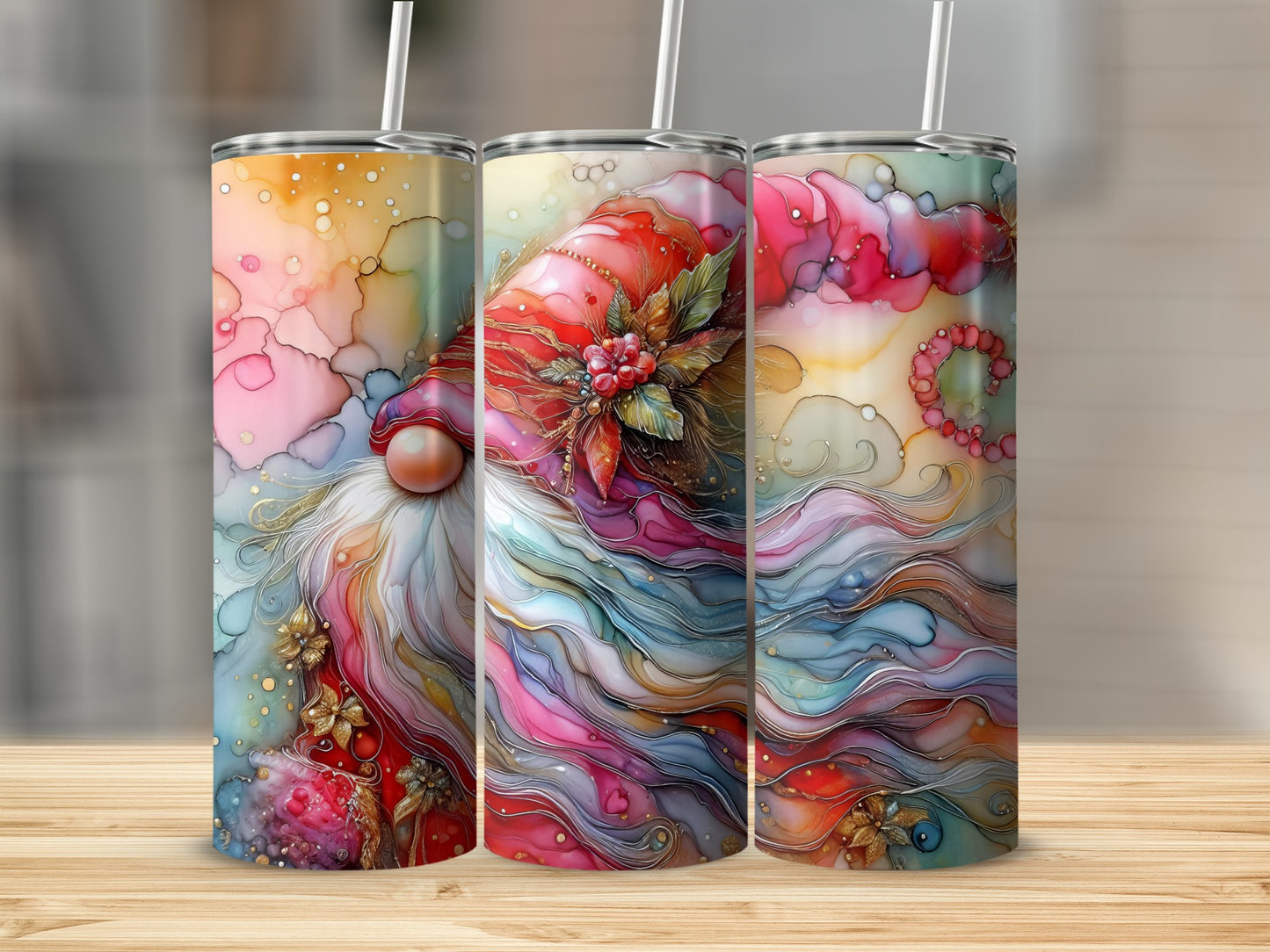 Three tall tumblers with colorful gnome and floral designs.