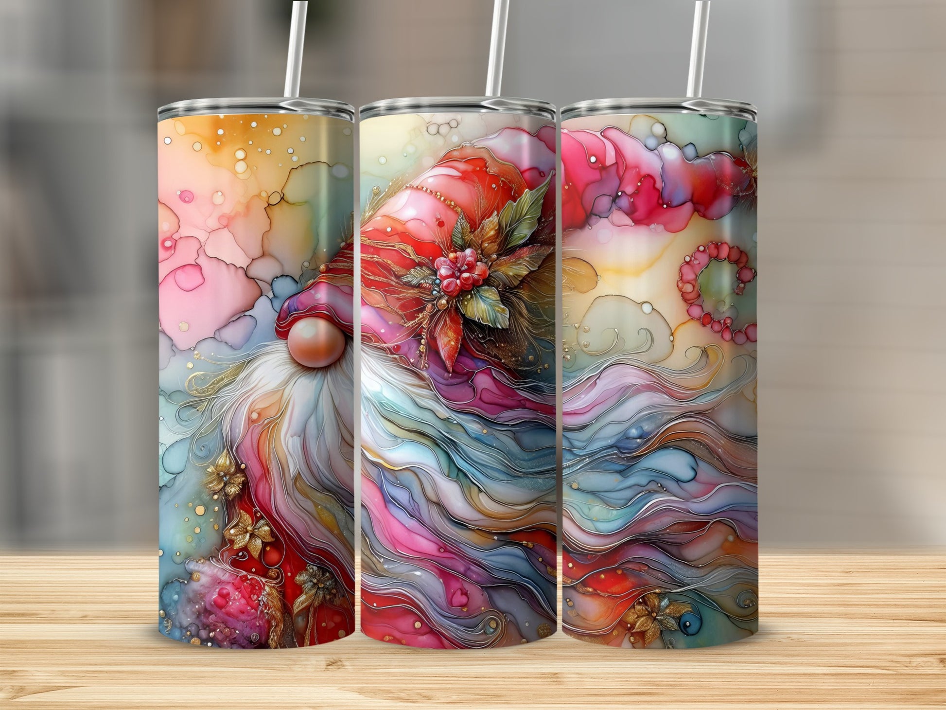 Three tall tumblers with colorful gnome and floral designs.
