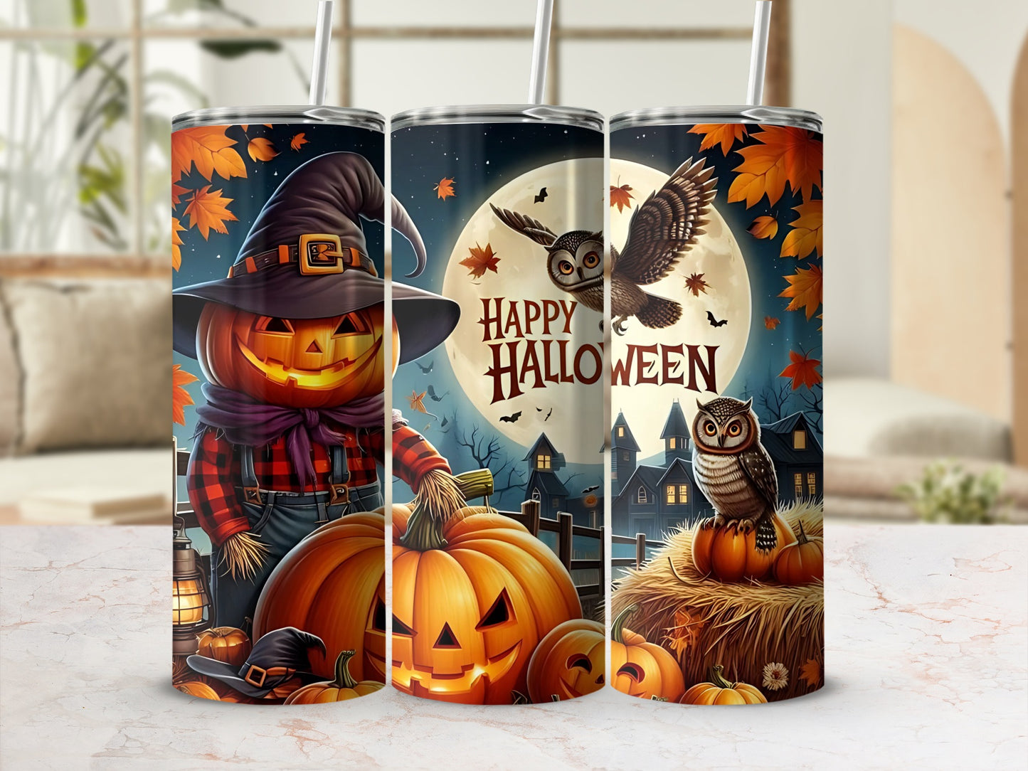 Halloween themed tumblers with a pumpkin scarecrow, owl, and spooky houses.