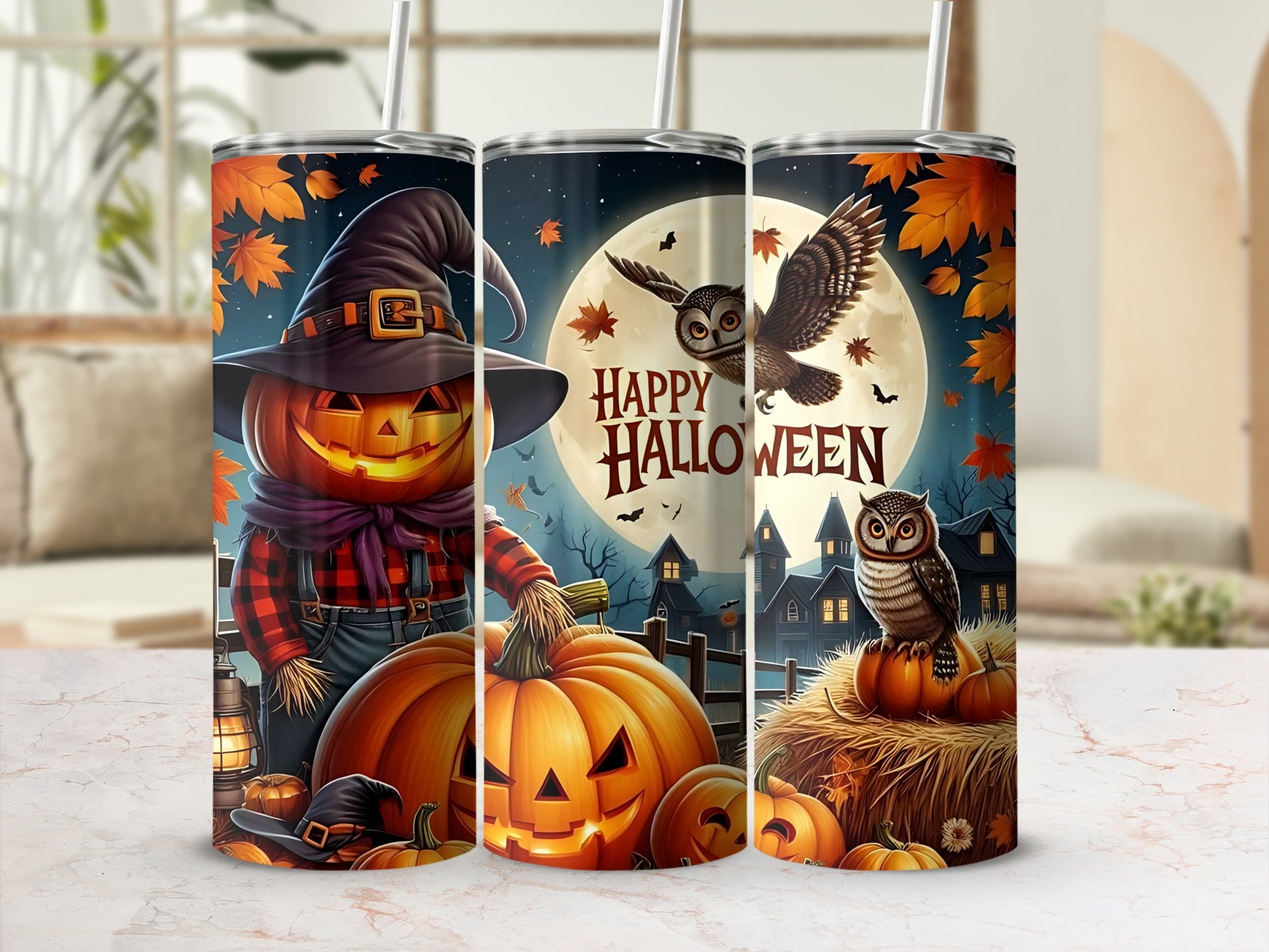 Halloween themed tumblers with a pumpkin scarecrow, owl, and spooky houses.