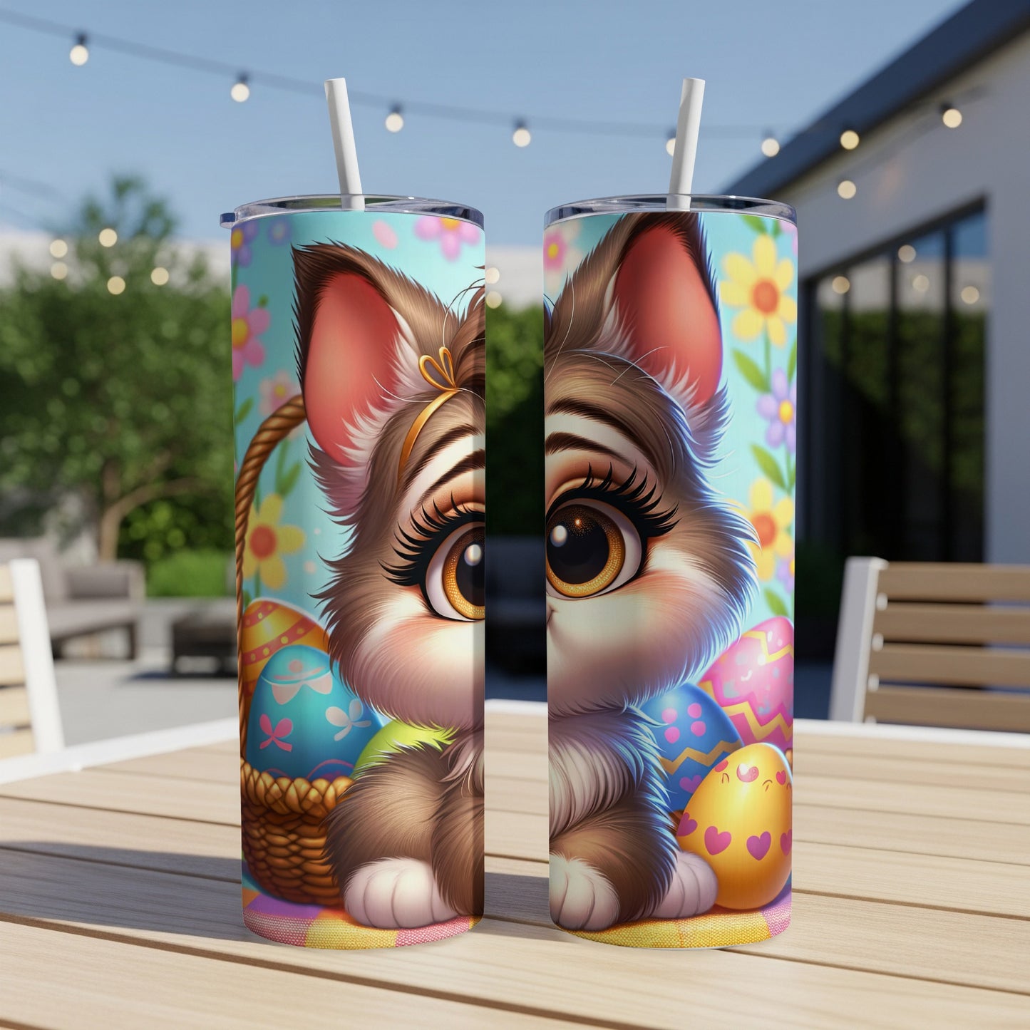 Cute kitten with Easter eggs and flowers on a tumbler.