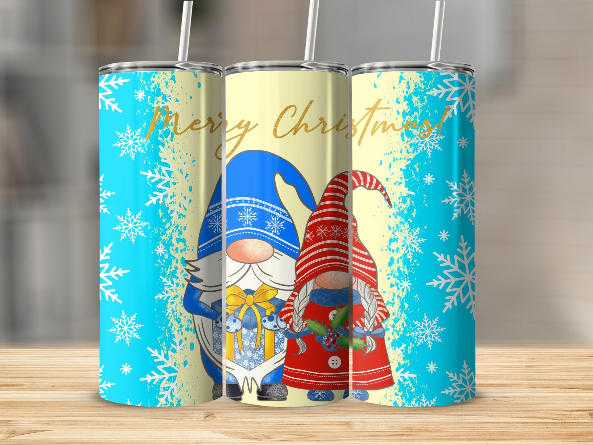Two gnomes, one in blue, one in red, with yellow "Merry Christmas" text.