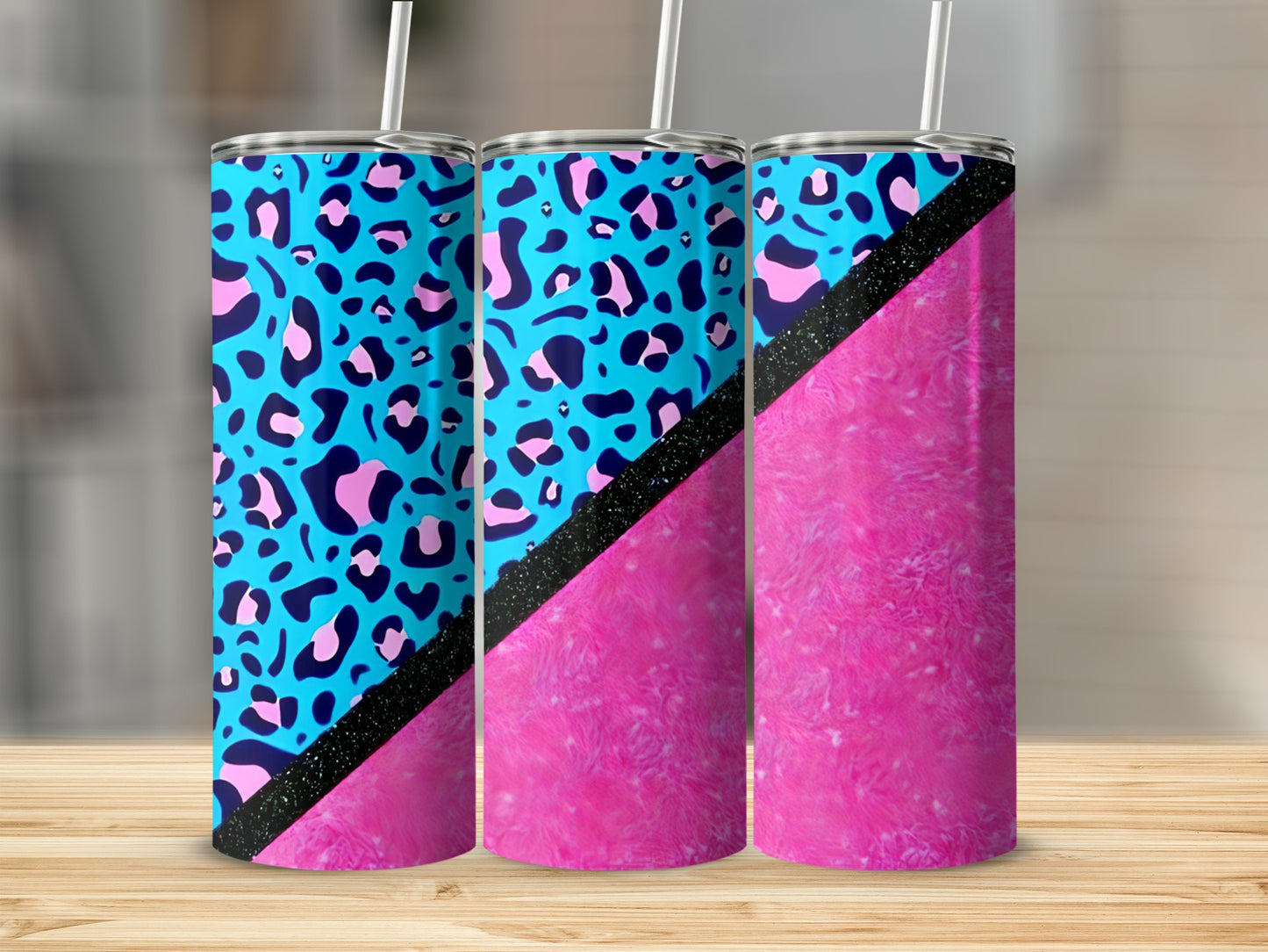 Three tumblers with leopard print and pink textured design.