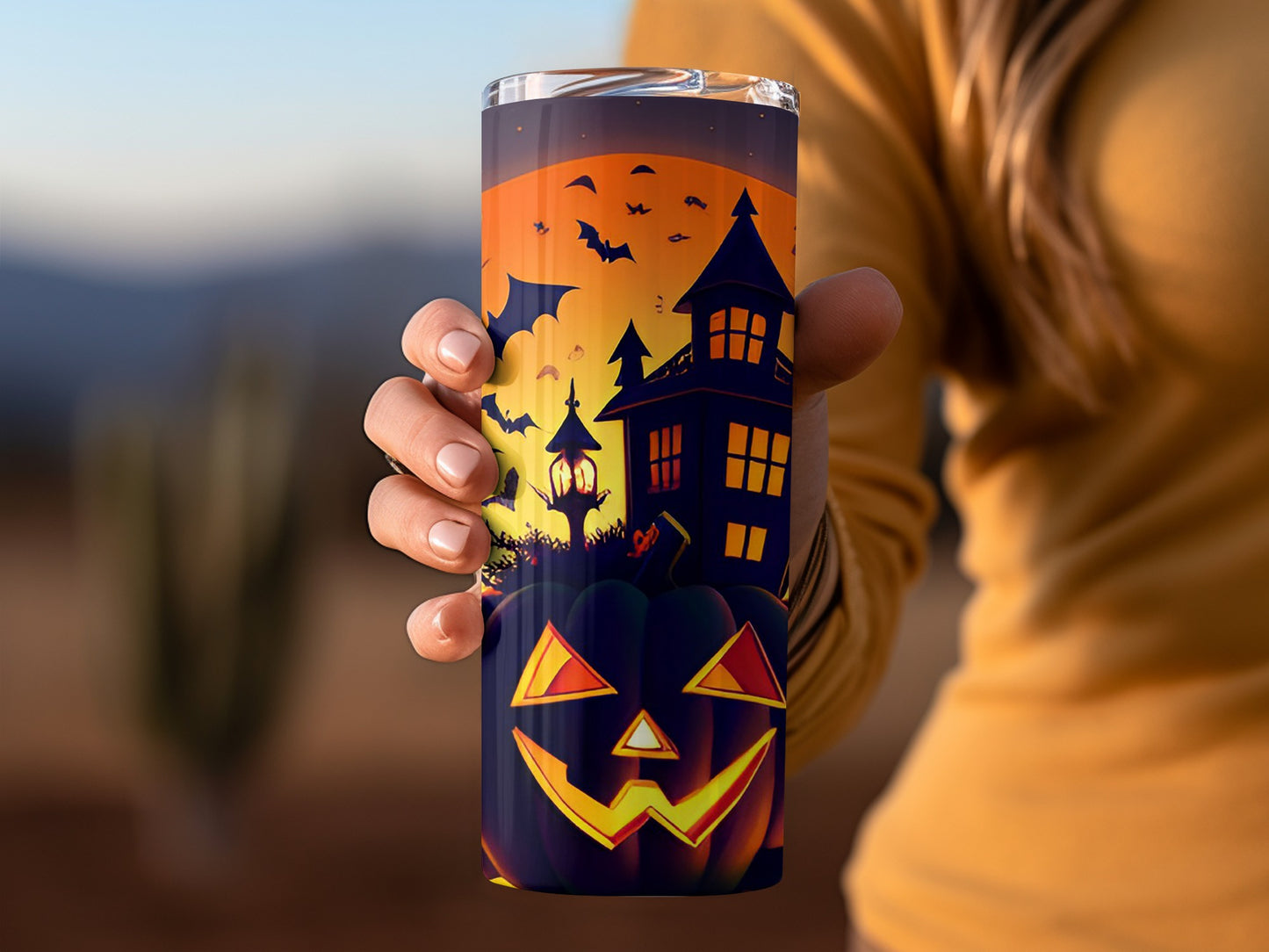 Spooky Halloween Pumpkin and Haunted House Tumbler