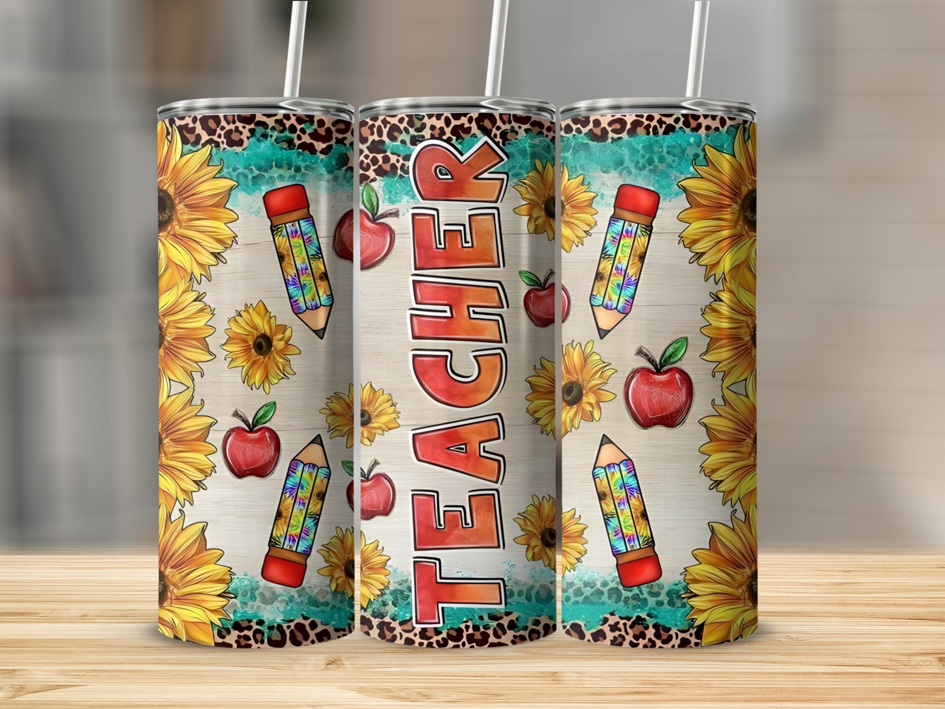 Teacher tumbler with sunflowers, apples, and pencils.