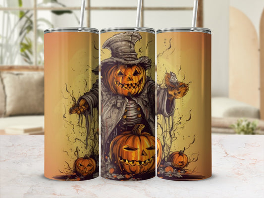 Three tumblers featuring a jack-o'-lantern scarecrow with pumpkins on an orange background.