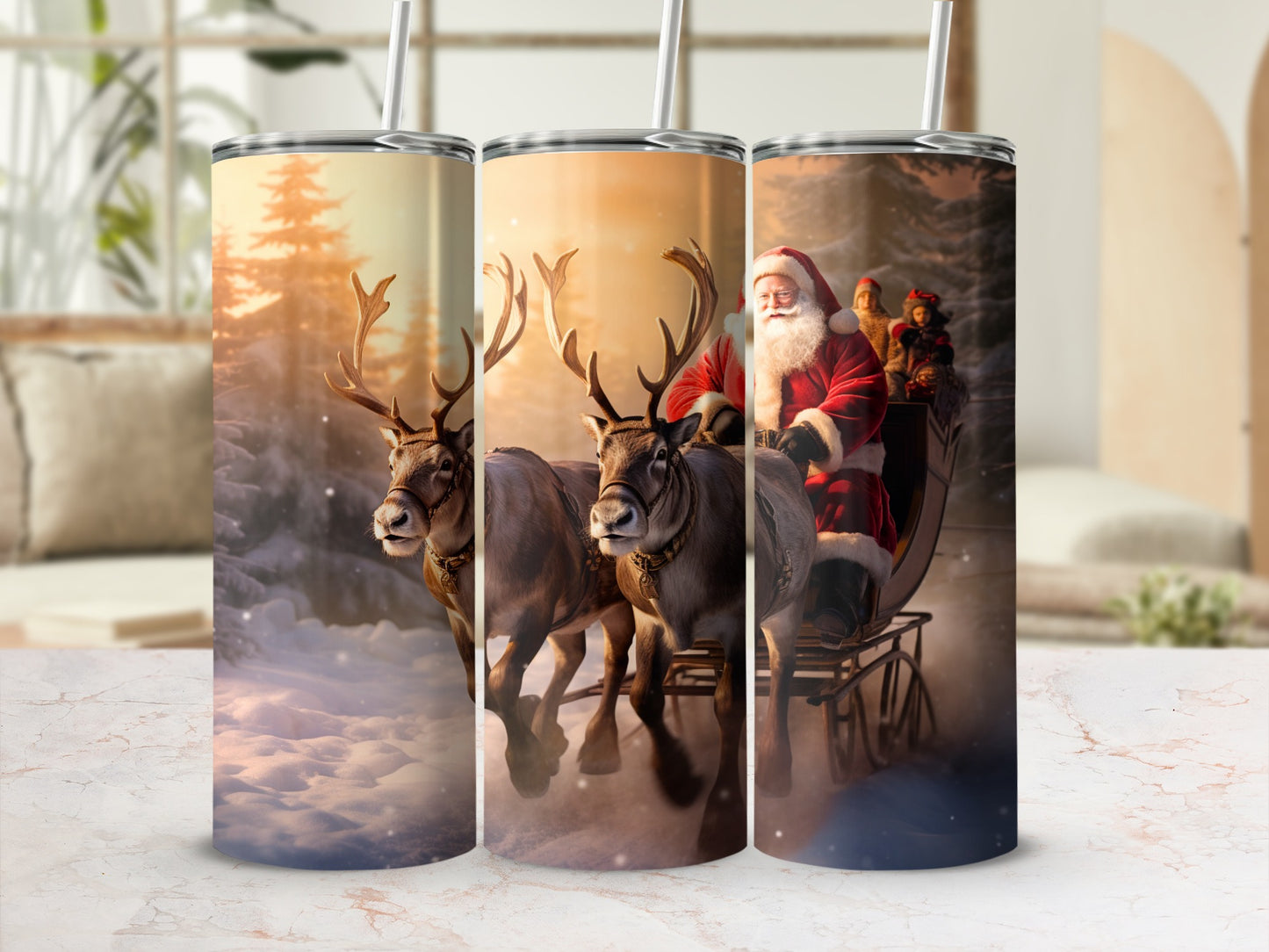 Santa Claus and Reindeer Scene on Tumbler Flask