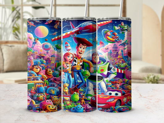 Toy Story characters Woody, Buzz Lightyear, and friends on a colorful, detailed tumbler.
