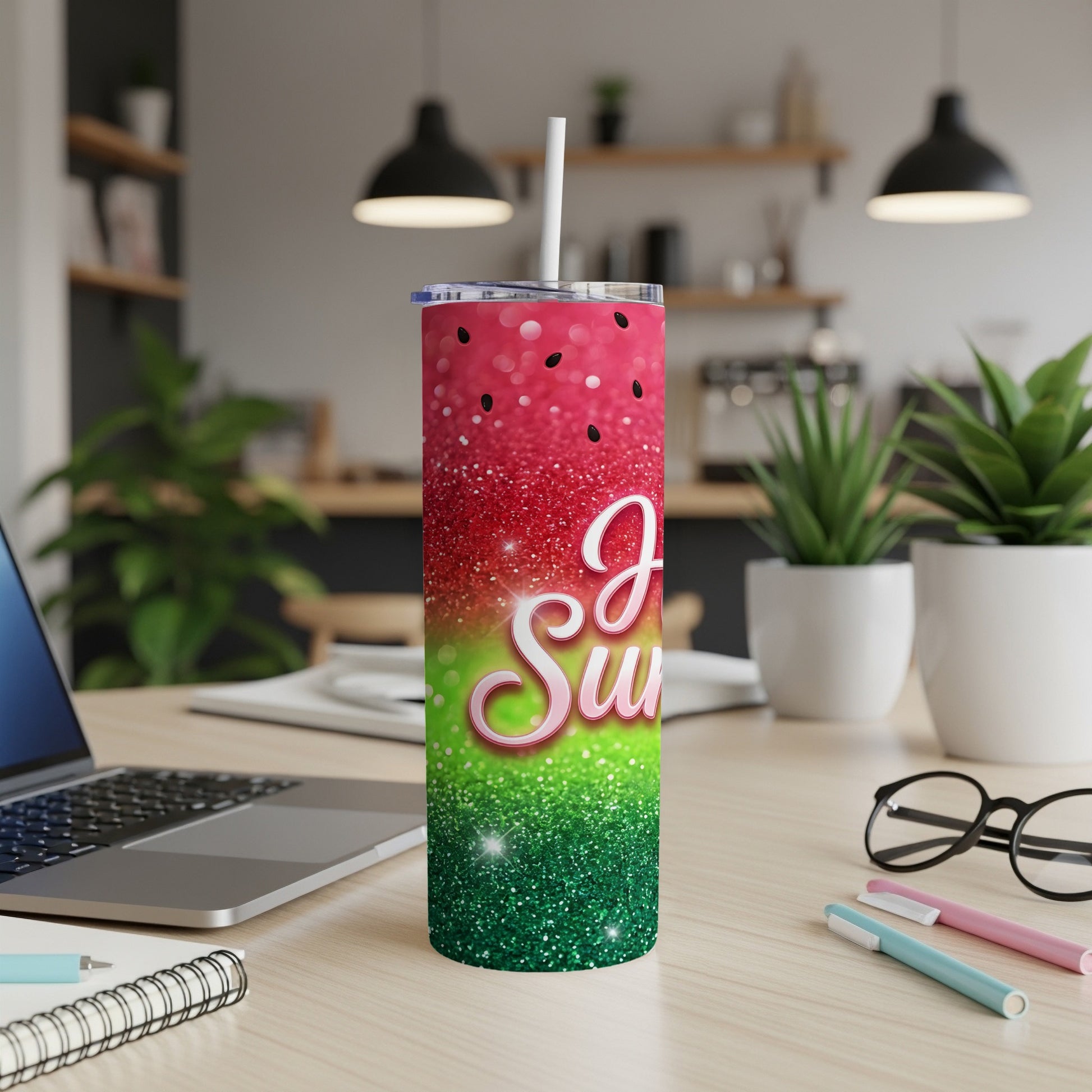 Glittery watermelon tumbler with "I'm So Sweet" text, on a desk.