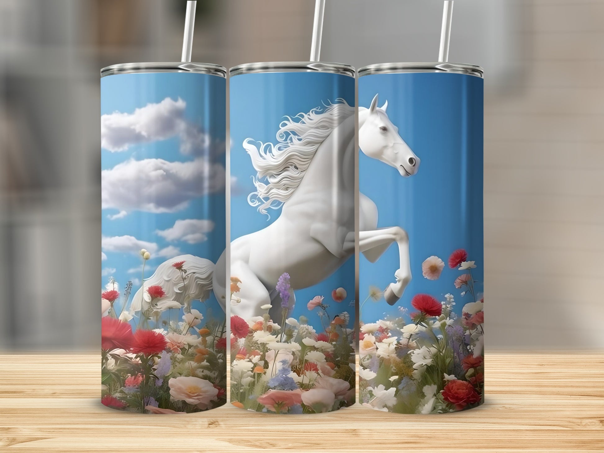 Majestic White Horse Floral Tumbler with Handle