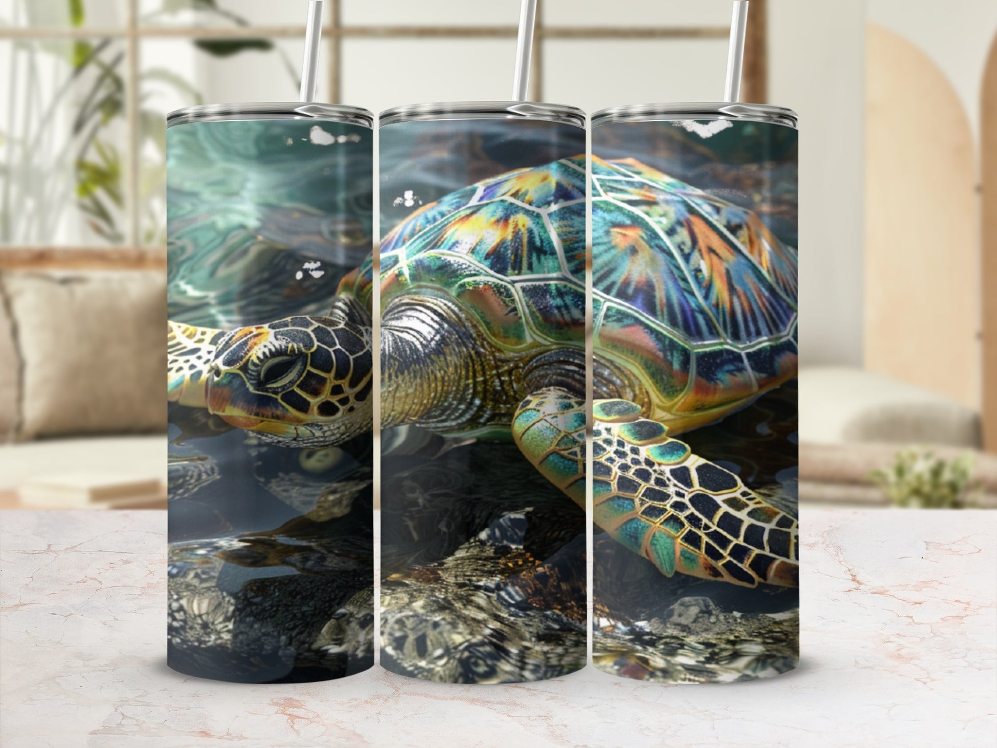 Green sea turtle swimming underwater with colorful shell.