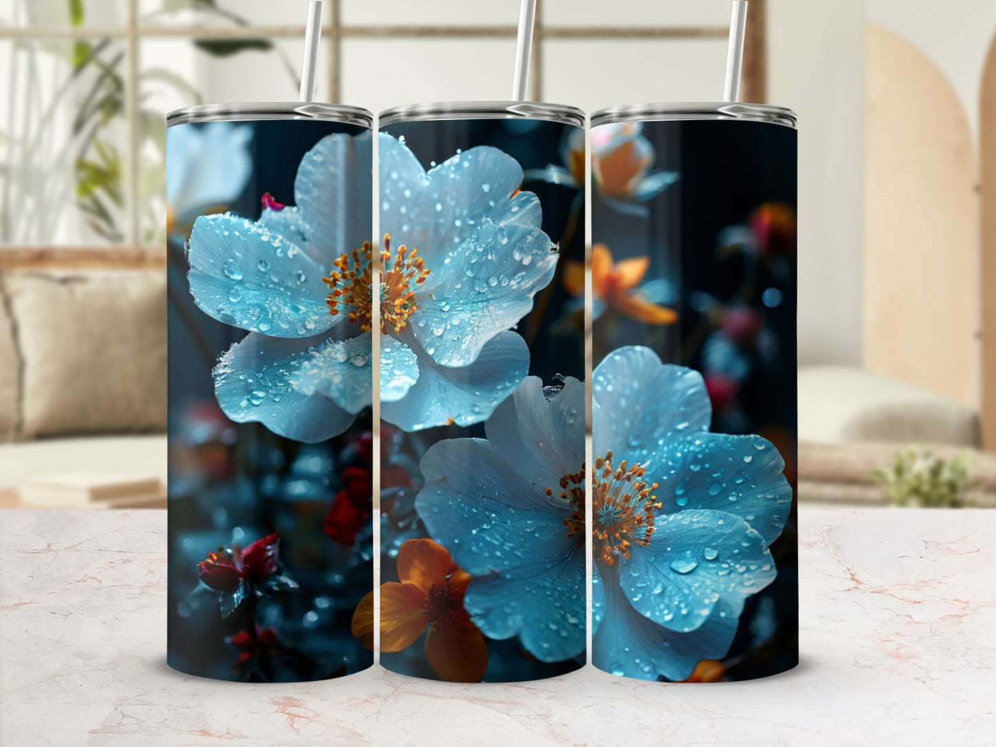 Three tumblers with a close-up, dewy blue flower design.