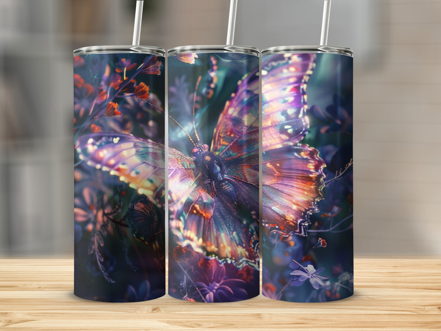 Three tumblers with a glowing purple butterfly design on a wooden surface.