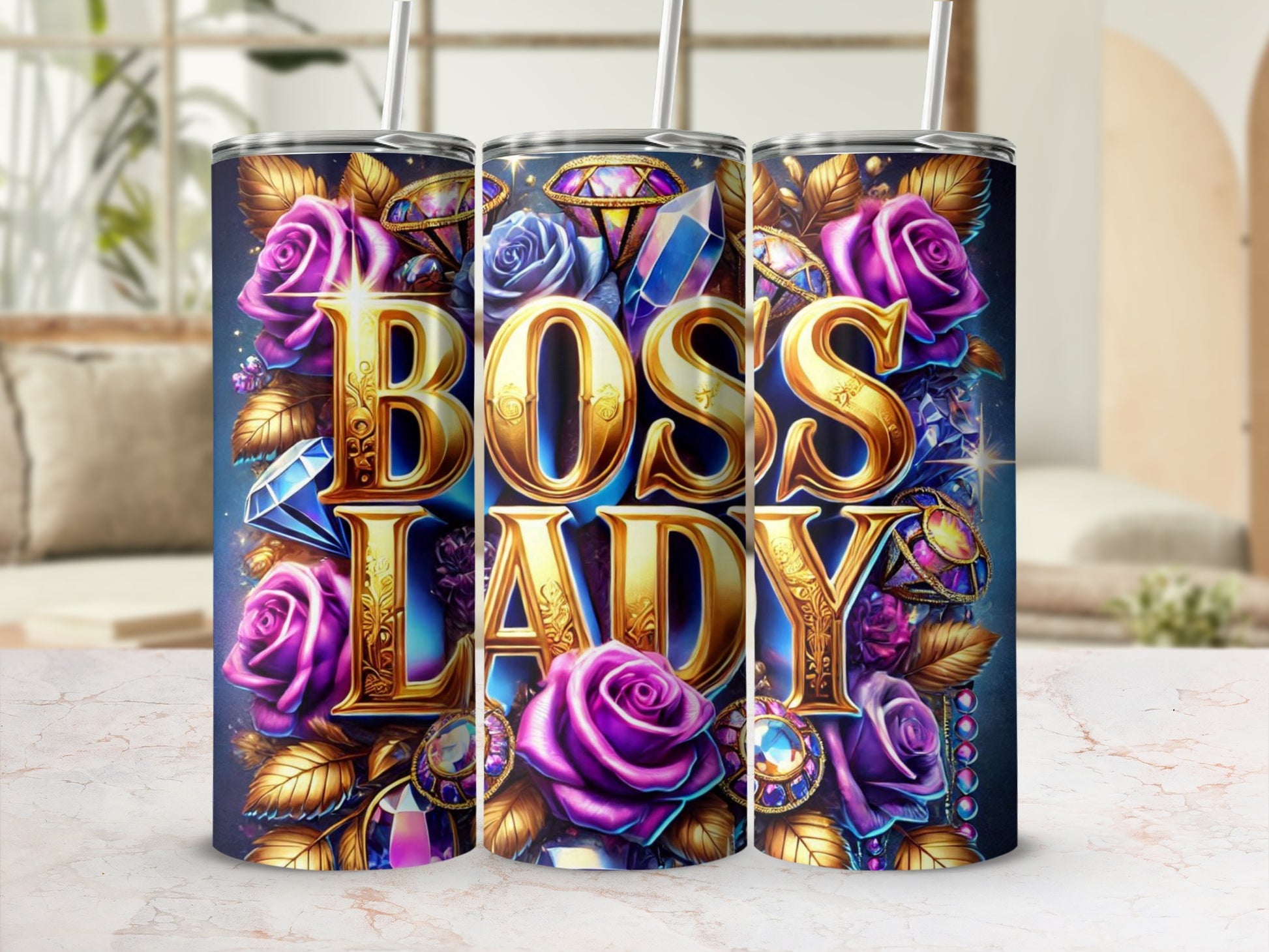 Boss Lady Decorative Tumblers with Floral & Jewel Art