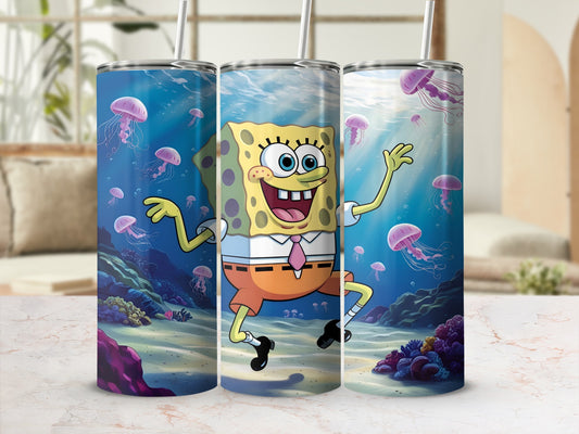 SpongeBob SquarePants character on a skinny tumbler with a jellyfish and coral background.