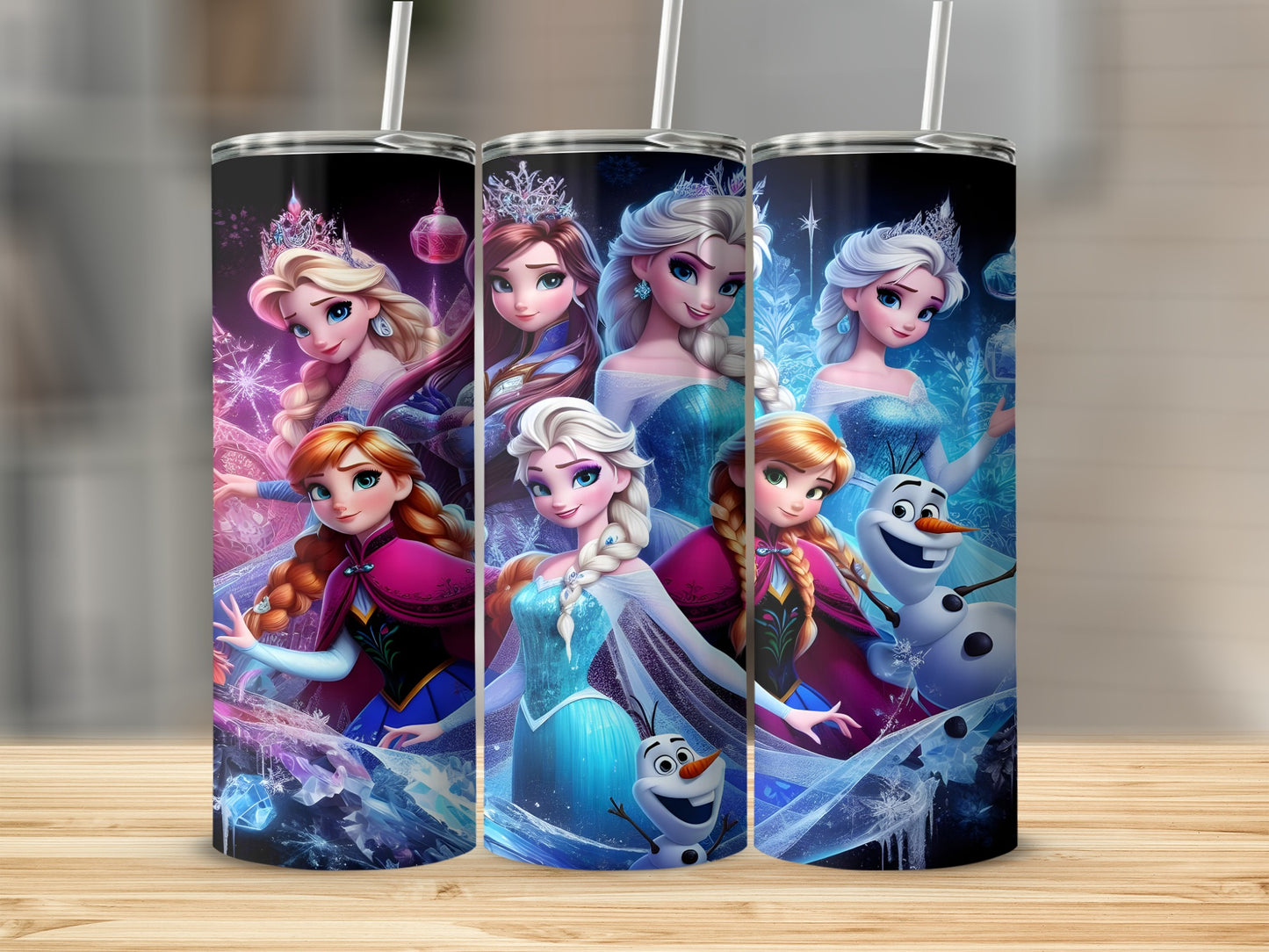 Frozen characters Elsa, Anna, and Olaf featured on a tumbler.