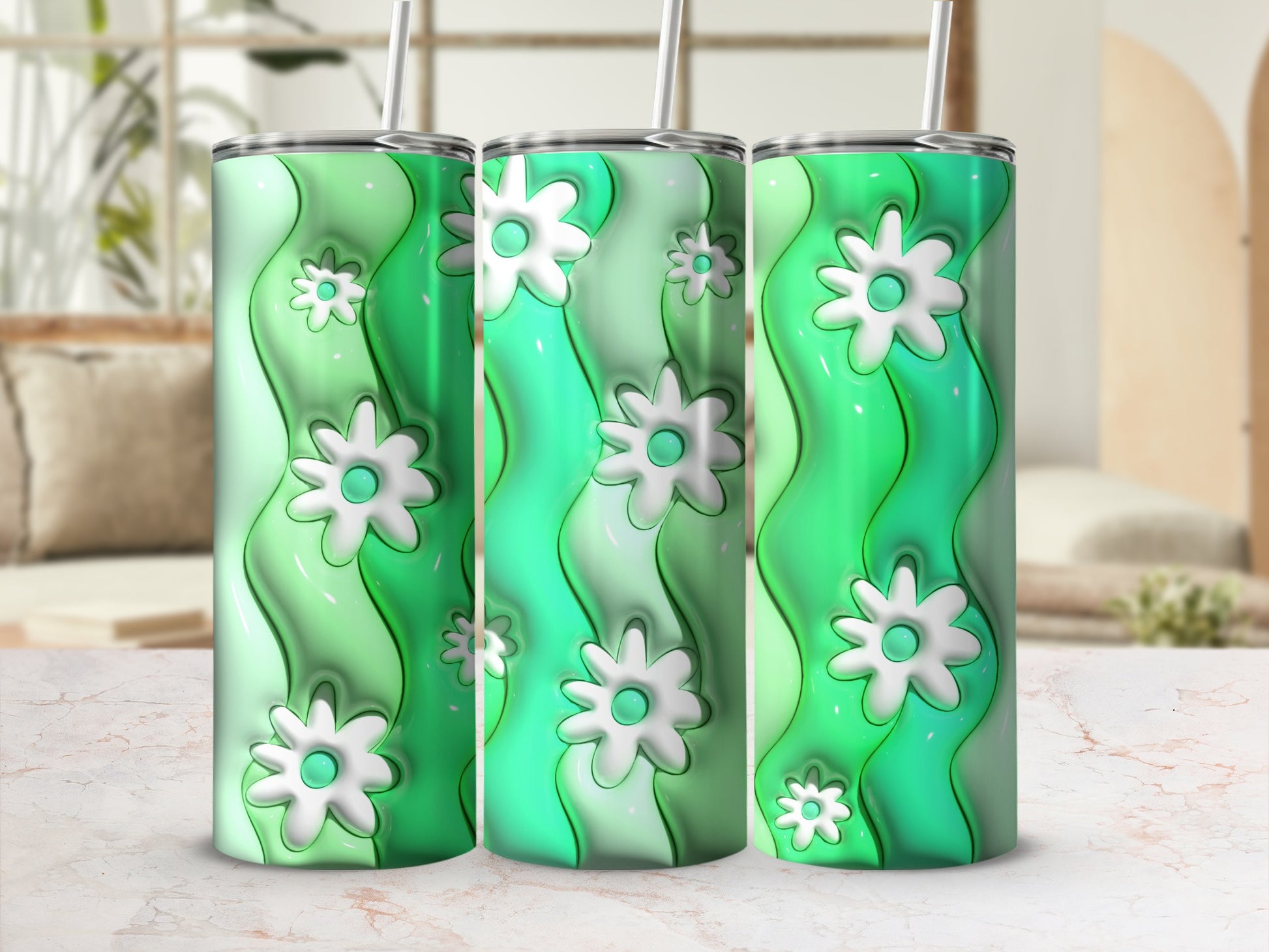 Green and White Floral Double Wall Insulated Tumbler