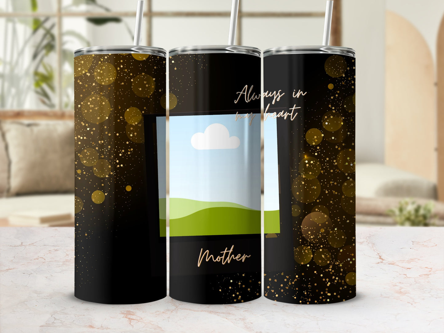 Three tumblers with black, gold sparkle design and "Mother" text.